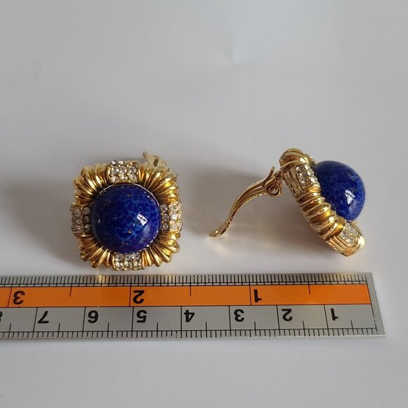 Ciner Glass Blue Lapis Lazuli Cabochon Gold Tone Clip Earrings Retro Large Huge - Picture 5 of 8